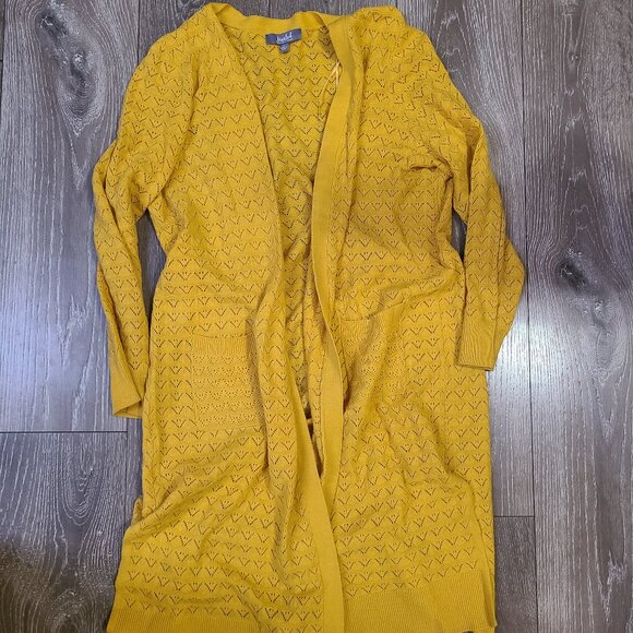 Marled Reunited Clothing Mustard Yellow Knit Long Open Front Duster Cardigan 1X - Picture 1 of 5